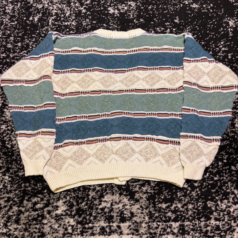 Vintage Concrete Mix Geometric Striped Cardigan Sweater Teal Cream Large - Picture 3 of 6